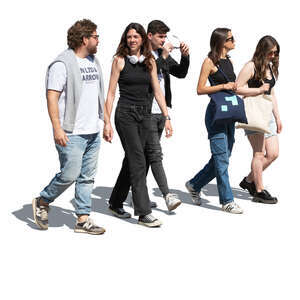 group of five people walking