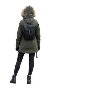 woman with a hooded parka standing