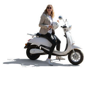 backlit woman sitting on a white electric motor scooter