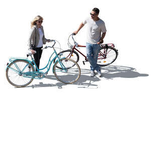 Top view of a two people with bikes standing