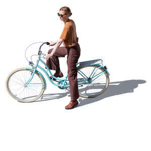 top view of a woman with a blue bike standing