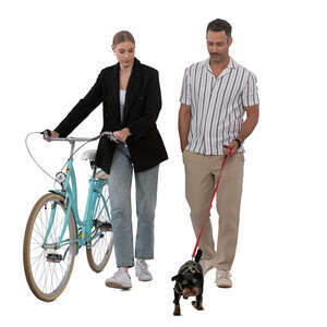 man and woman with a bike and dog walking