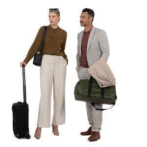 elegant man and woman travelling with suitcases
