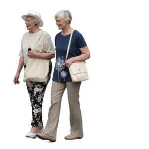 two cut out elderly women walking happily