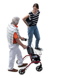 elderly man and an young woman walking seen from above