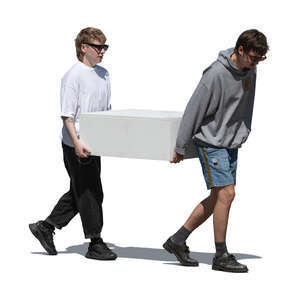 two cut out young men carrying a large box