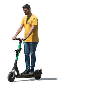 cut out young man riding a rental electric scooter