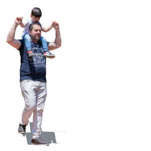 man carrying a son on his shoulders and walking down the stairs