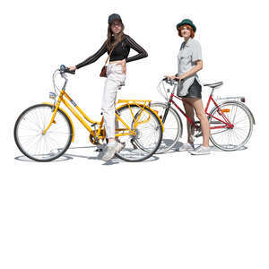 two cut out teenage girls with bikes standing