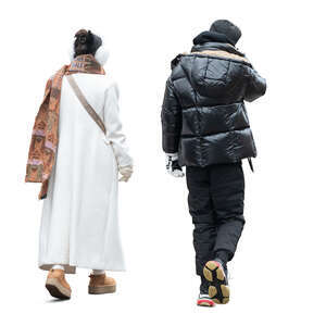 cut out asian man and woman walking in winter