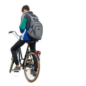 cut out young man with a backpack with a bike standing