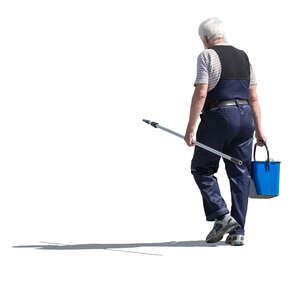 older worker walking and carrying a bucket