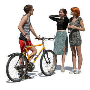 cut out young man with a bike talking to two girls