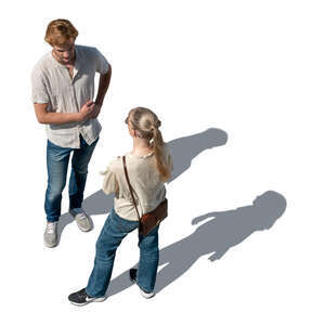 top view of two people standing and talking