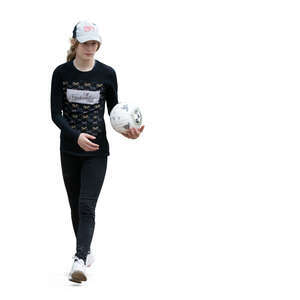 cut out teenage girl holding a ball and walking