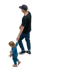 top view of father and daughter walking hand in hand