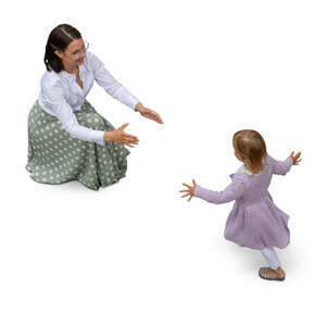 top view of a daughter running to her mother