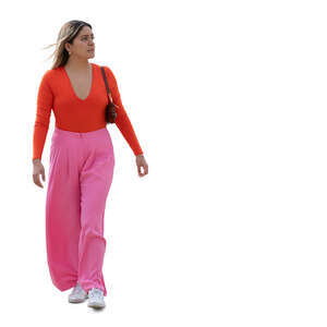 cut out woman in a pink costume walking