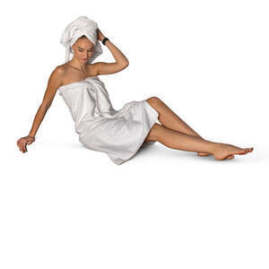 cut out woman wrapped in a bath towel relaxing in sauna