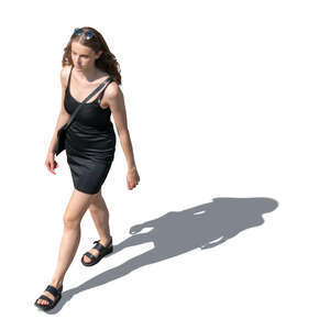 cut out woman in a black mini dress walking