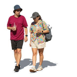 two people walking and drinking ice coffee