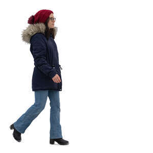 cut out woman wearing a winter parka walking