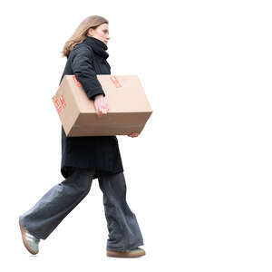 woman walking and carrying a large carton box