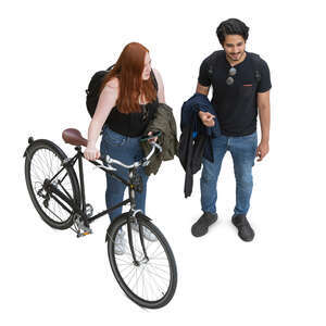 top view of woman with a bike standing side by side with her friend