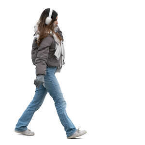 cut out woman with fluffy ear muffs walking