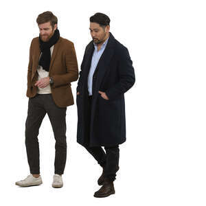 two cut out chic men wearing overcoats walking