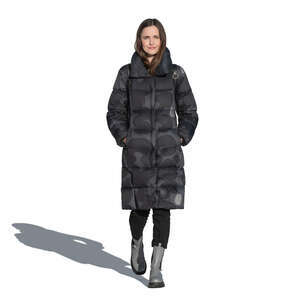 cut out woman in a black puffer coat walking on a sunny day