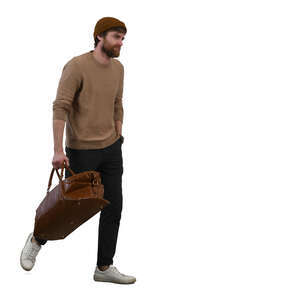 bearded man with a brown leather bag walking