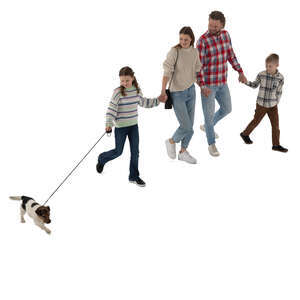 cut out family with two kids and a dog walking seen from above