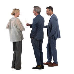 three cut out people standing at the bar and having a conversation