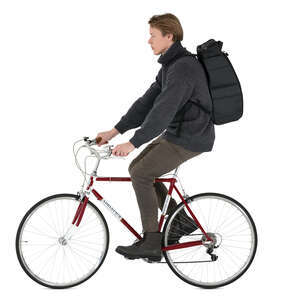 cut out man with a backpack riding a bicycle