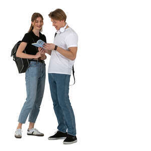 two university students standing and discussing a book