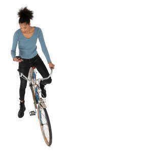 cut out woman with a bike checking her phone seen from above