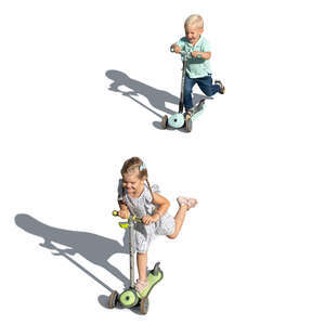 two children riding scooters seen from above