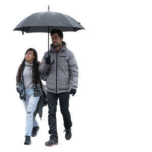 cut out couple sharing an umbrella on a rainy day