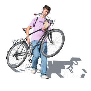 teenage boy walking down the stairs and carrying a bicycle