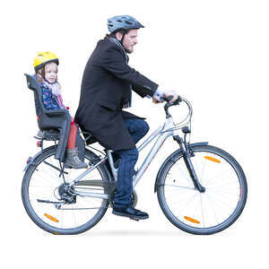 man with a child sitting on the back riding a bike
