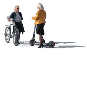 cut out woman with a bike  talking to a woman with a scooter