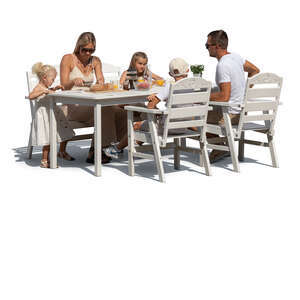 cut out family eating breakfast outside in summer