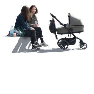 two women with a baby carriage sitting and talking