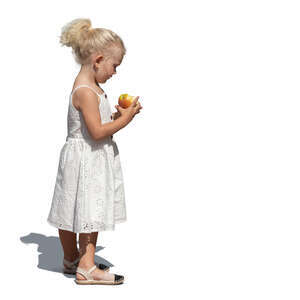 cut out little girl in a white dress eating an apple