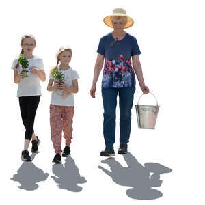 cut out grandmother with two grandchildren doing gardening