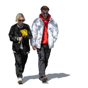 young man and woman with bouquet of flowers walking