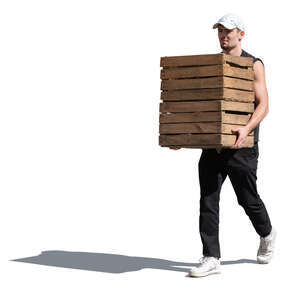 cut out man with a baseball cap carrying wooden boxes