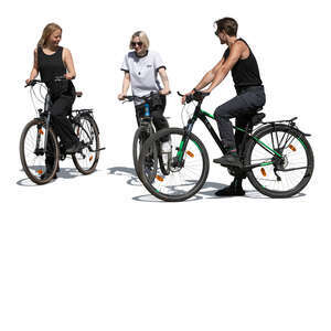 cut out group of three friends with bicycles standing