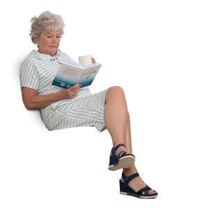 cut out older grey haired woman sitting and reading